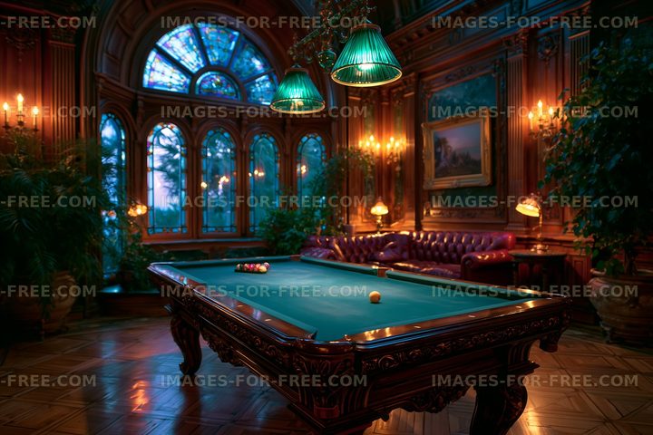 Elegant indoor space with a billiard table and vintage decor