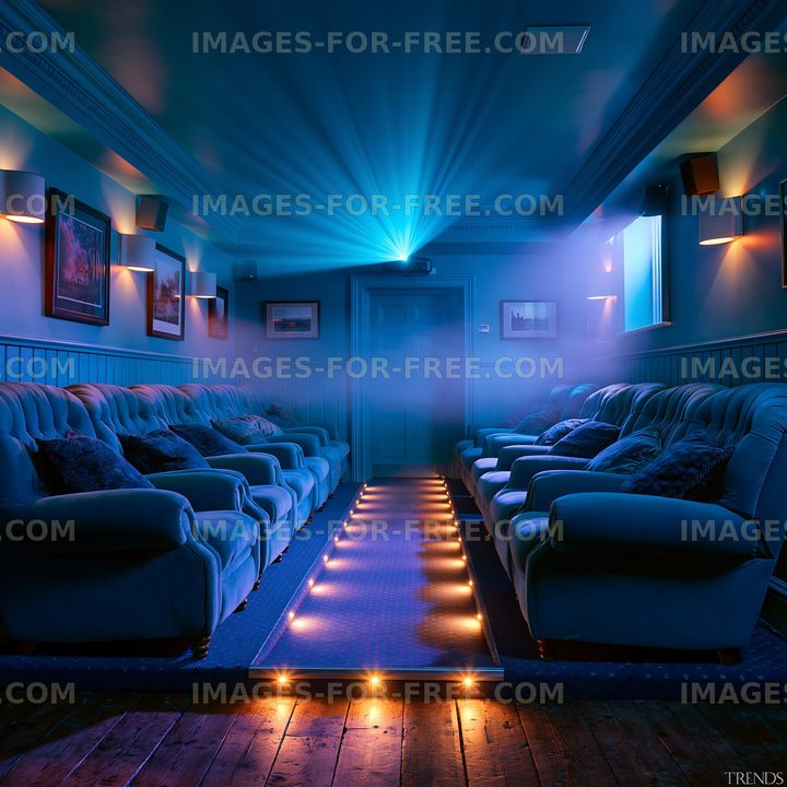 Cozy home theater with blue lighting and comfortable seating