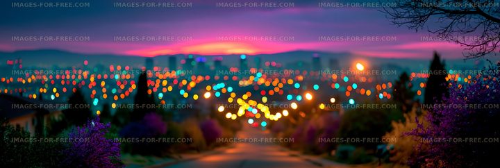City skyline at sunset with colorful lights and blooms
