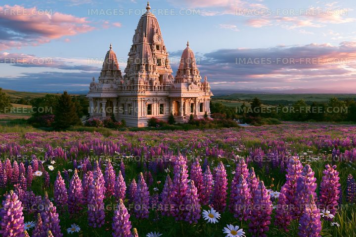 Temple surrounded by purple flowers at sunset