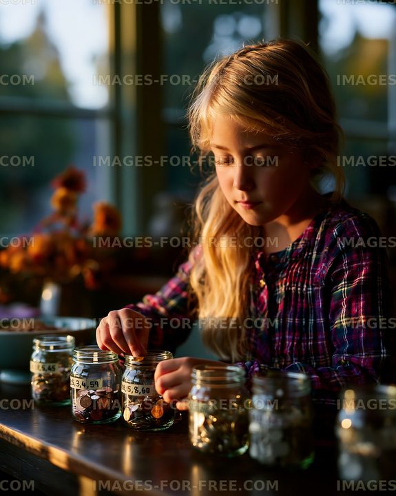 Child counting coins in jars during evening light