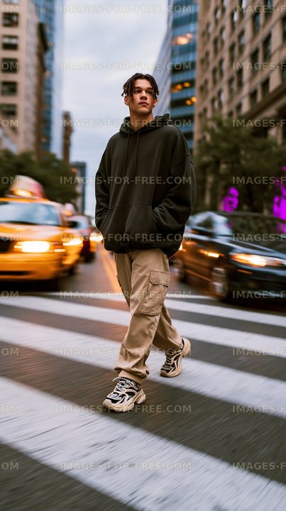 Young man crossing street in urban area during cloudy day