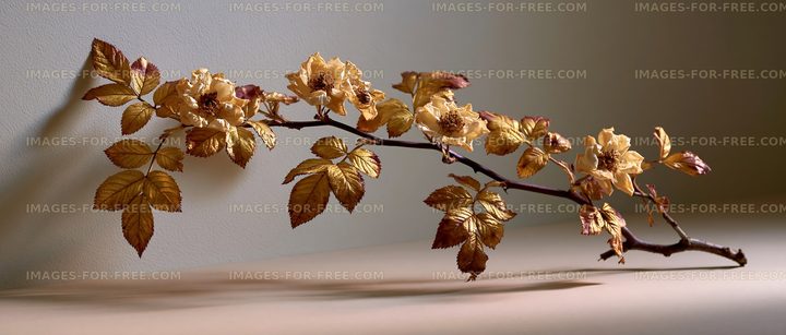 Golden branch with flowers and leaves on a simple background