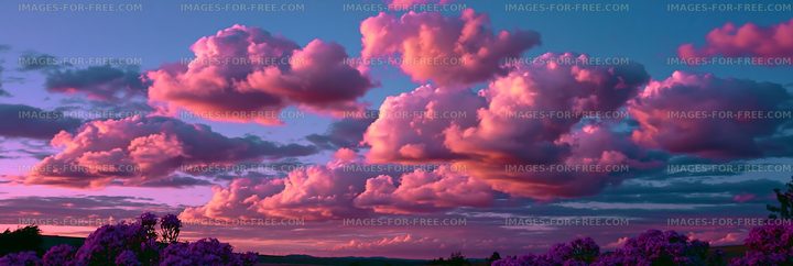 Vibrant clouds at sunset over a landscape with purple flowers
