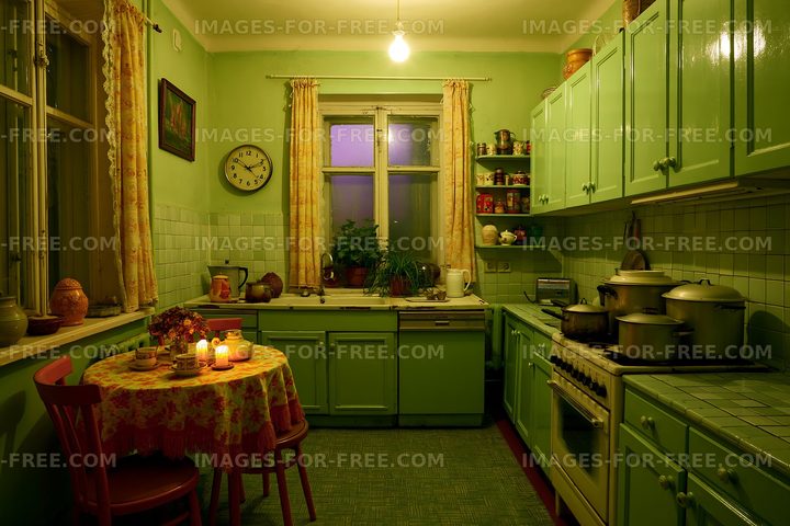 Cozy green kitchen with a table and warm light