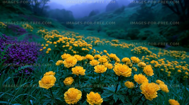 Flowers bloom in a field during early morning