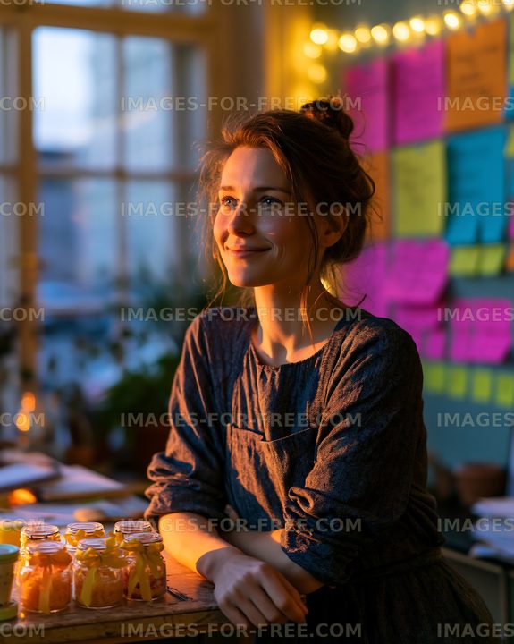 Smiling woman standing indoors by table with jars of preserves