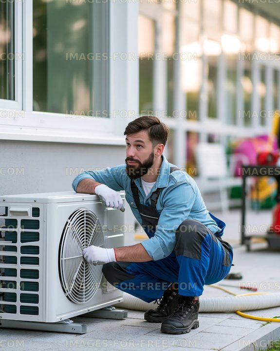 Technician working on air conditioning unit outside a building