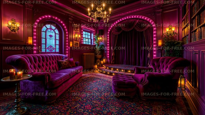 Cozy lounge with purple decor and dramatic lighting in an elegant room