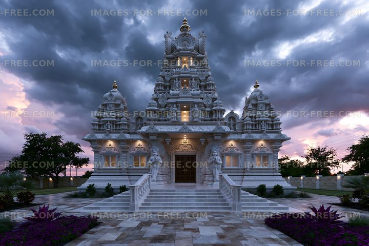Hindu temple with intricate carvings and stormy sky during sunset