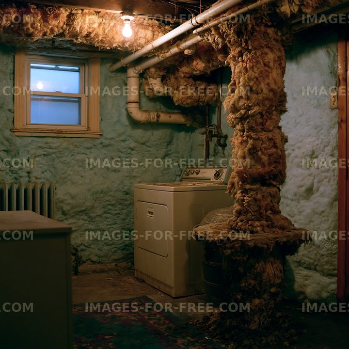 Old basement with laundry area and insulation materials