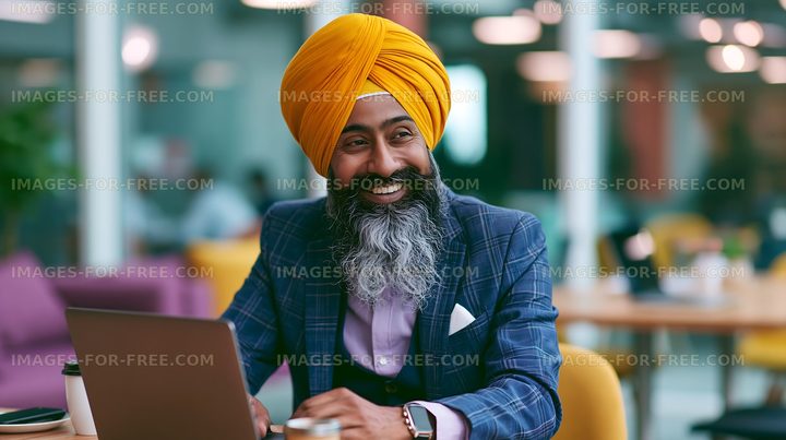 Man using laptop in office with warm colors and modern design
