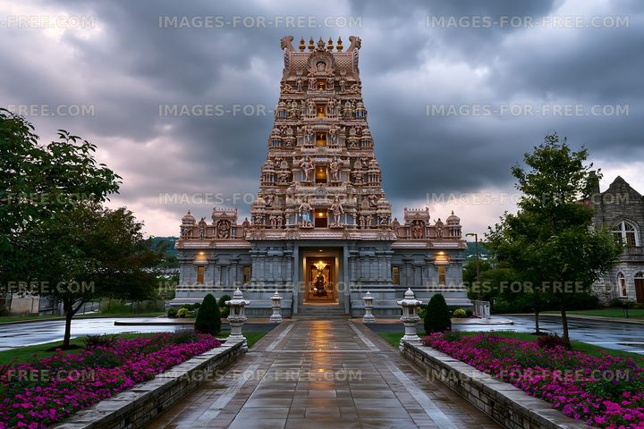 Hindu temple with intricate design under a cloudy sky