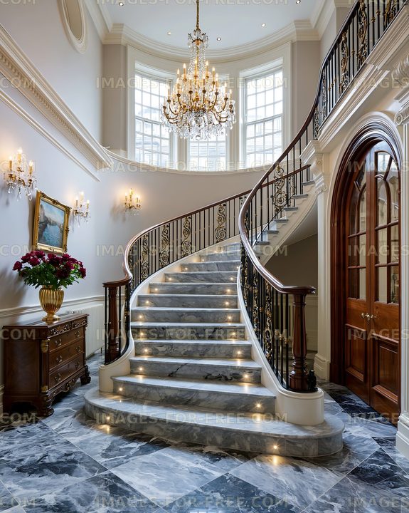 Elegant staircase in a grand hallway with chandelier and floral decor