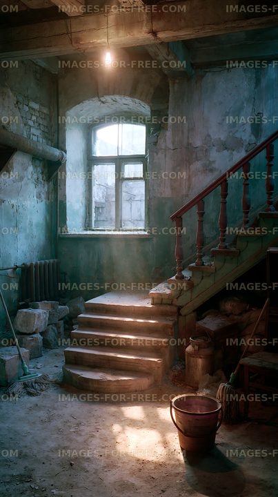 Old staircase in a dimly lit abandoned building