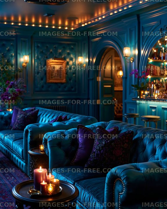 Luxurious lounge with blue decor and candles at night