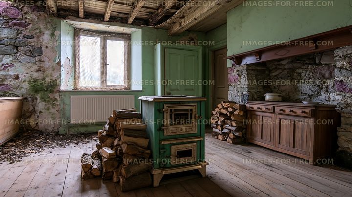Old room with a wood stove and stacked firewood