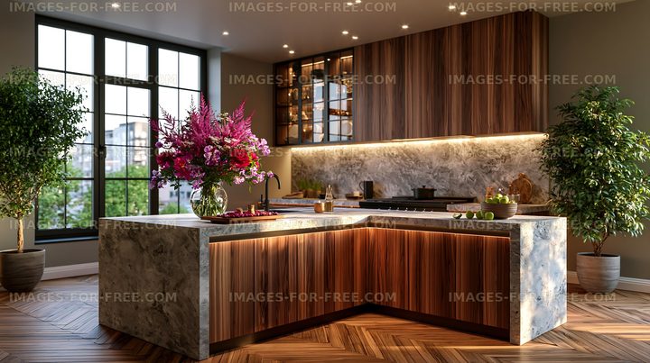 Modern kitchen with wooden details and flowers in a spacious setting