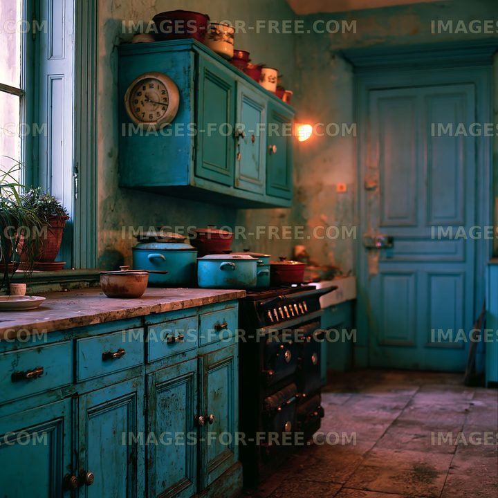 Old kitchen with blue cabinets and vintage cooking equipment