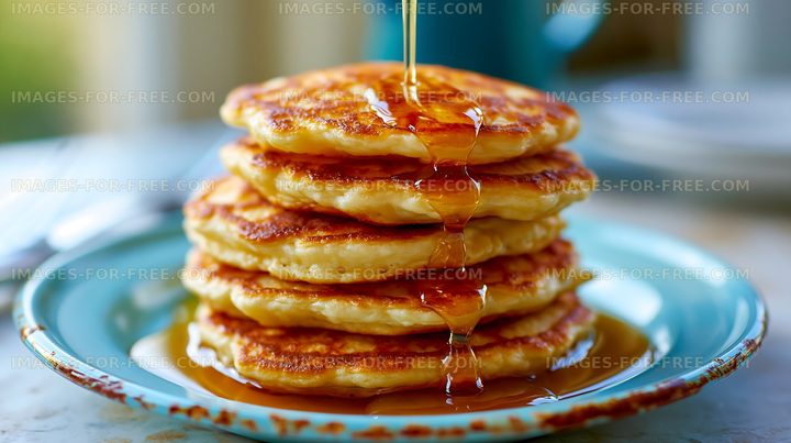 Pancakes stacked on a blue plate with syrup pouring on top