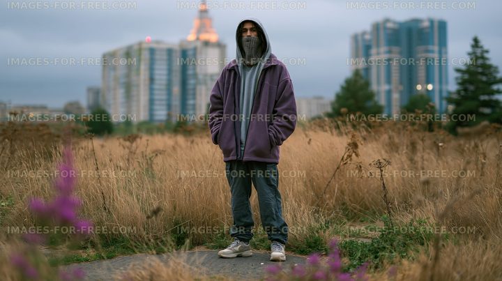 Person in a field of tall grass with buildings behind