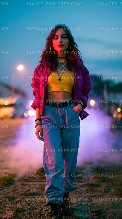 Woman walks confidently in urban setting at dusk