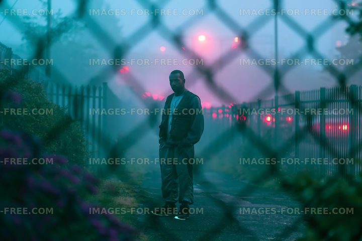 Man standing in foggy area behind a fence at nighttime