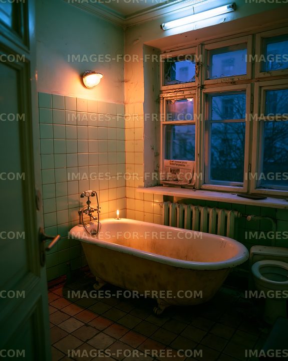 Old bathroom with a bathtub and candle during evening light