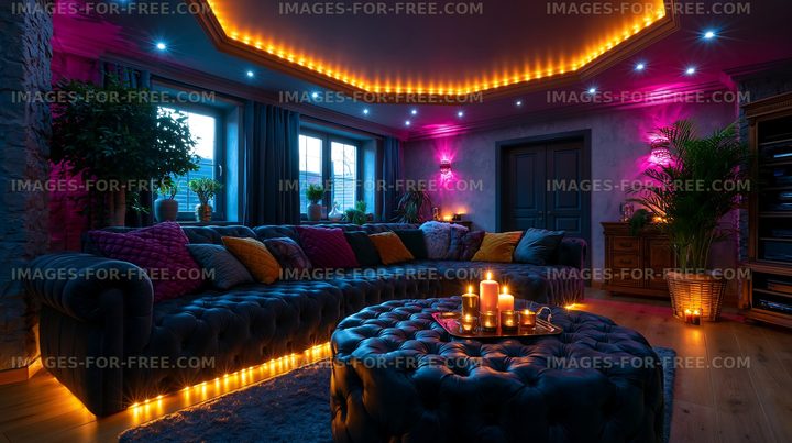 Cozy living room with colorful lights and candles in the evening