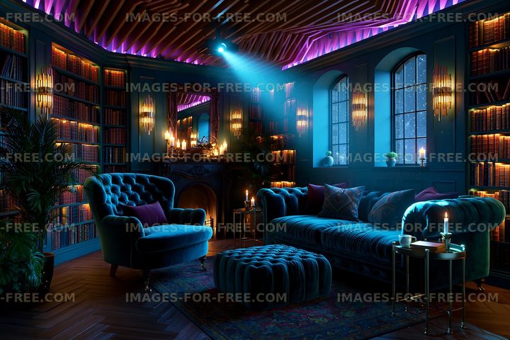 Cozy living room with bookshelves and warm lighting at night
