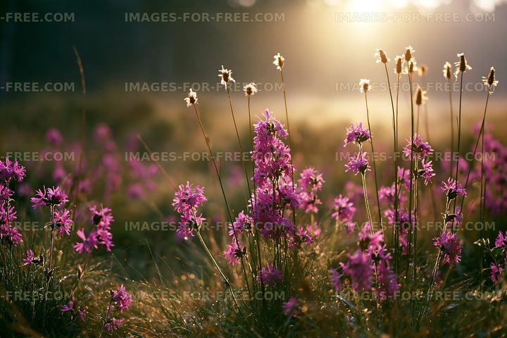 Purple flowers bloom in a field during golden hour
