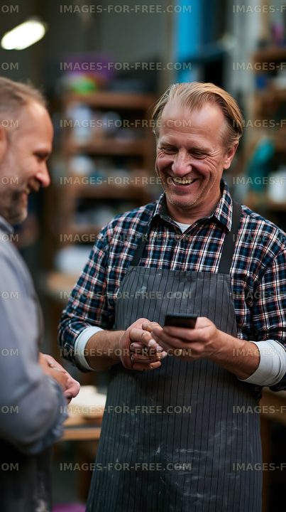 Two men talking and smiling in a workshop setting