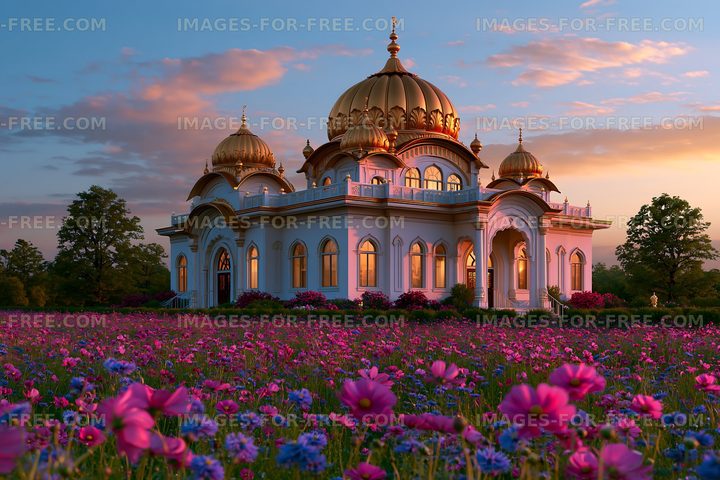 Colorful flowers surround a beautiful building at sunset in a garden