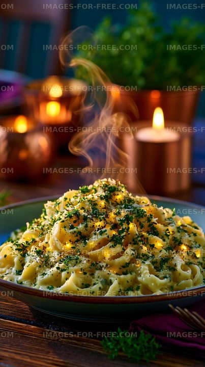 Steaming plate of pasta with herbs and candles in the background