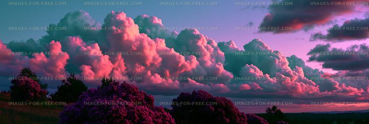 Colorful clouds at sunset over a hillside with flowers