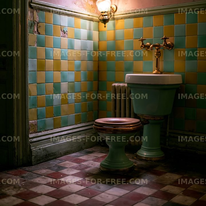 Vintage bathroom with colorful tiles and old fixtures