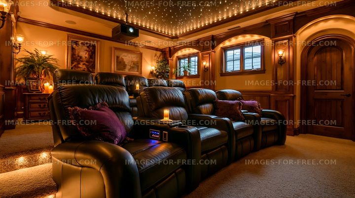 Home theater with leather seating and projector screen