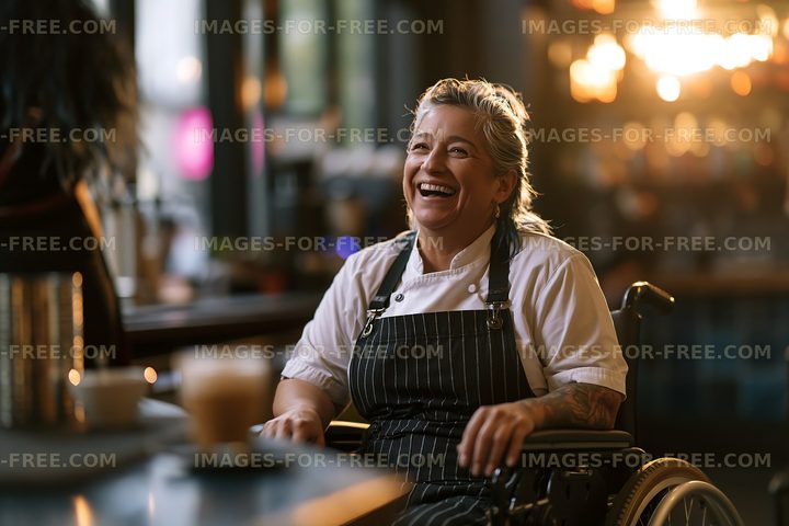Chef in a wheelchair smiles while working in a restaurant kitchen