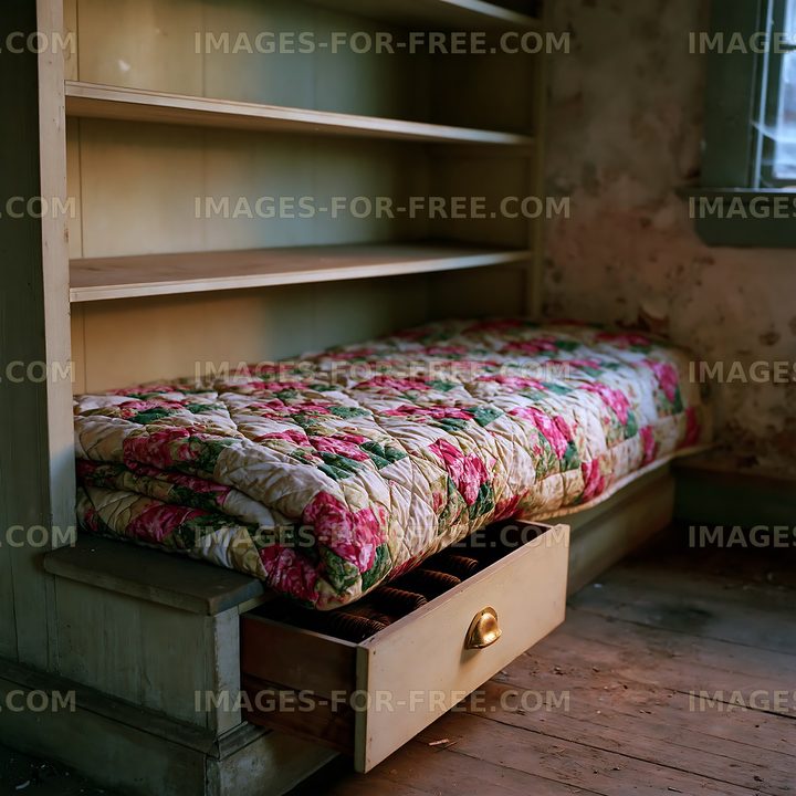 Old bed with floral quilt in an abandoned room with shelves