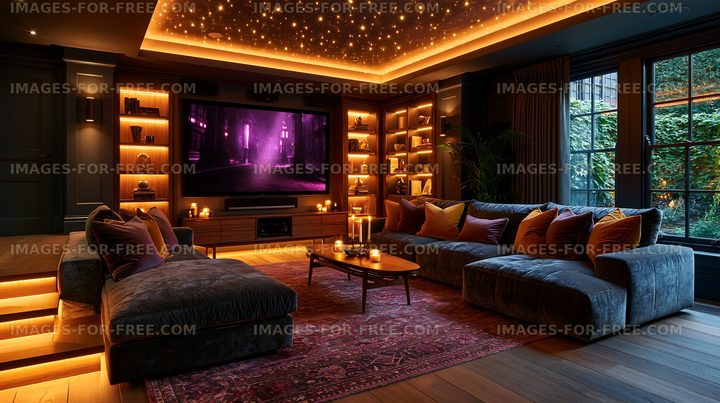 Cozy living room with dark furniture and warm lighting at night