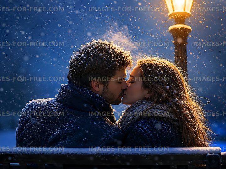 Couple kissing under a streetlamp in the snow at night