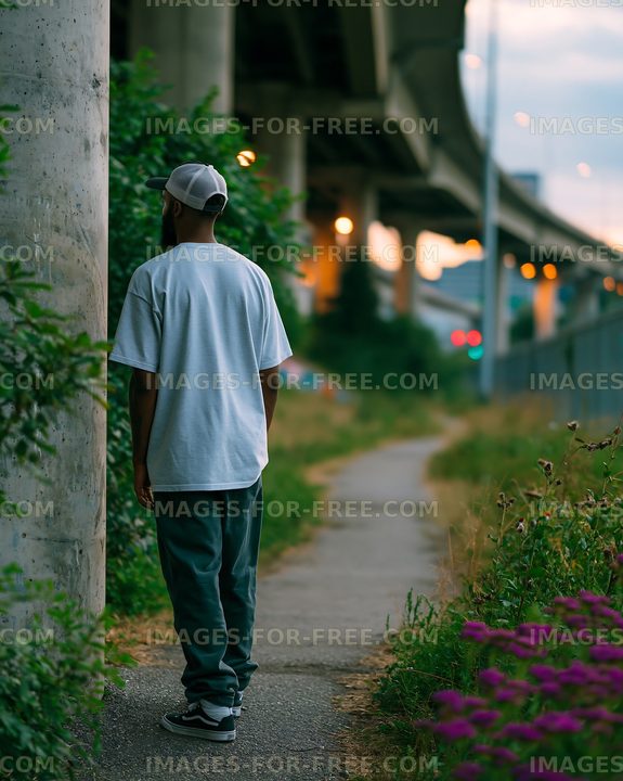 Man walking on a path near a highway overpass at dusk