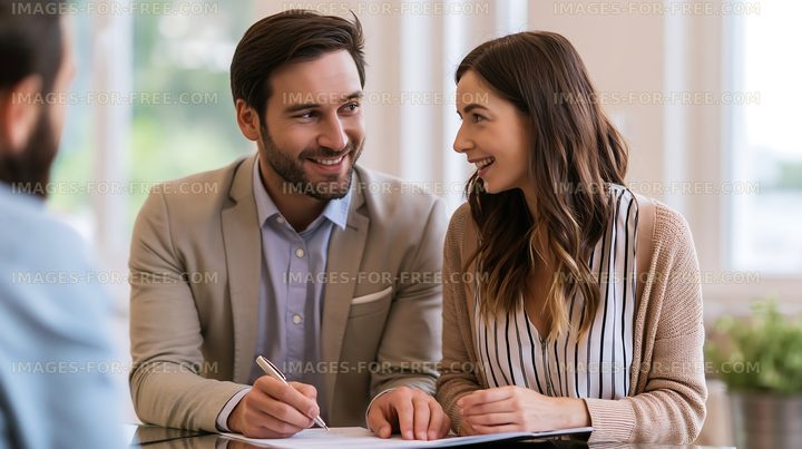 Couple discussing plans in a bright office setting