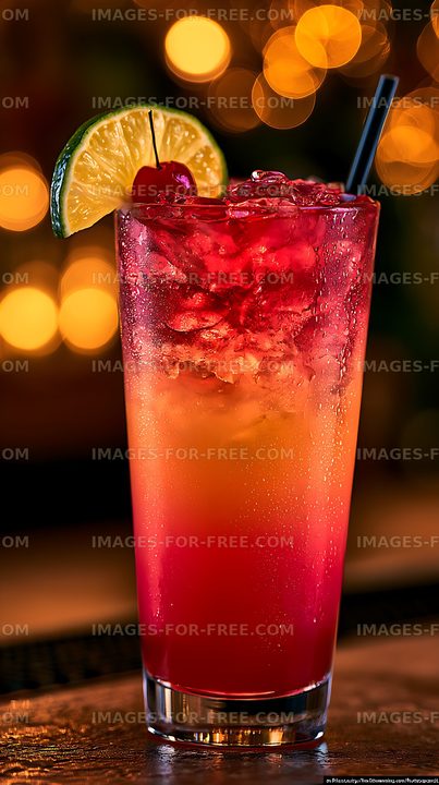 Colorful cocktail with citrus and cherry at a bar