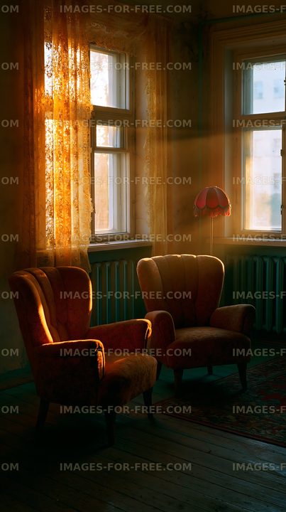 Sunlight streaming through windows in a cozy room with chairs