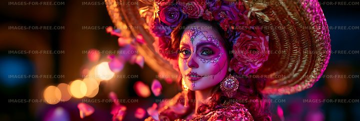 Woman in traditional dress with flowers and sugar skull makeup