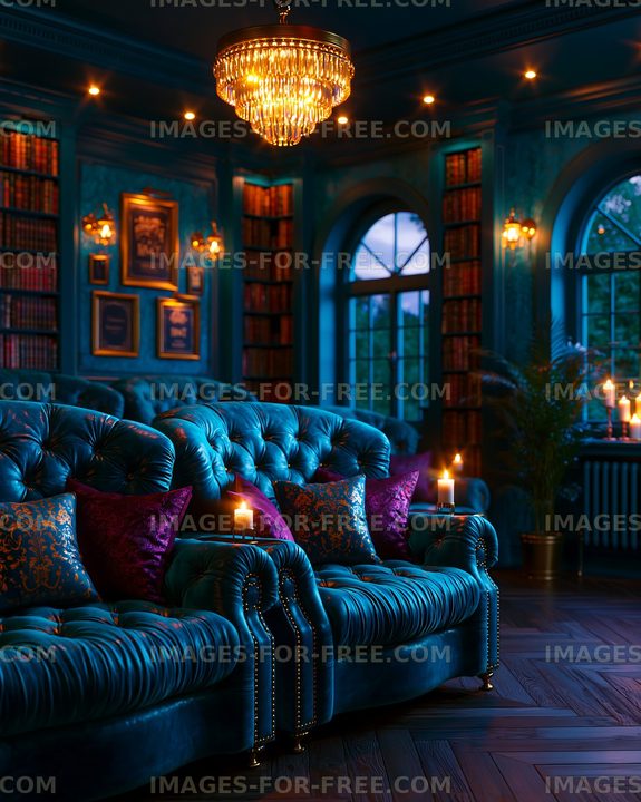 Cozy seating area with blue upholstery and warm lighting in a library