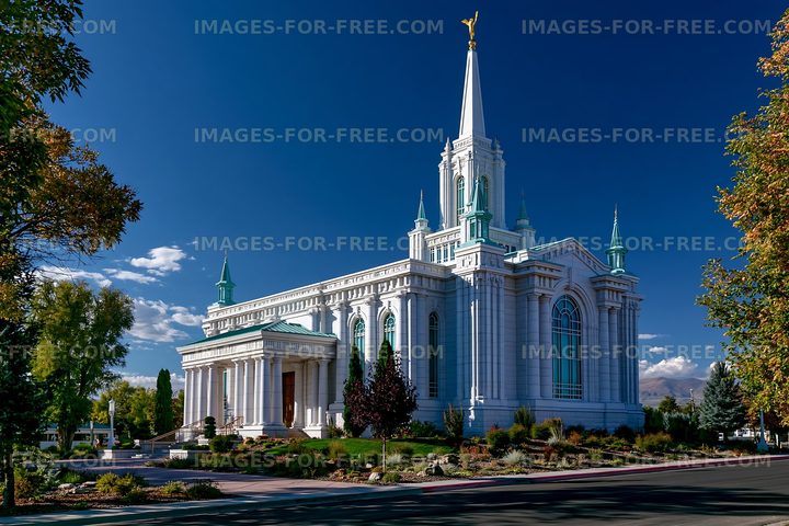 White modern church building with spire against blue sky