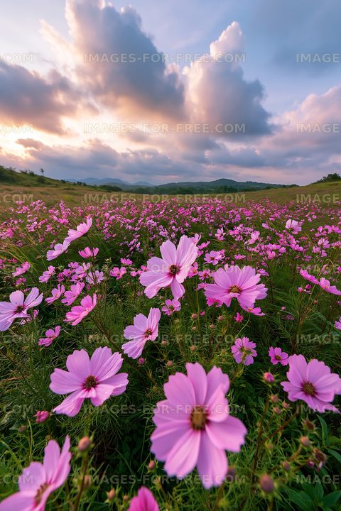 Wildflowers blooming under a cloudy sky at sunset
