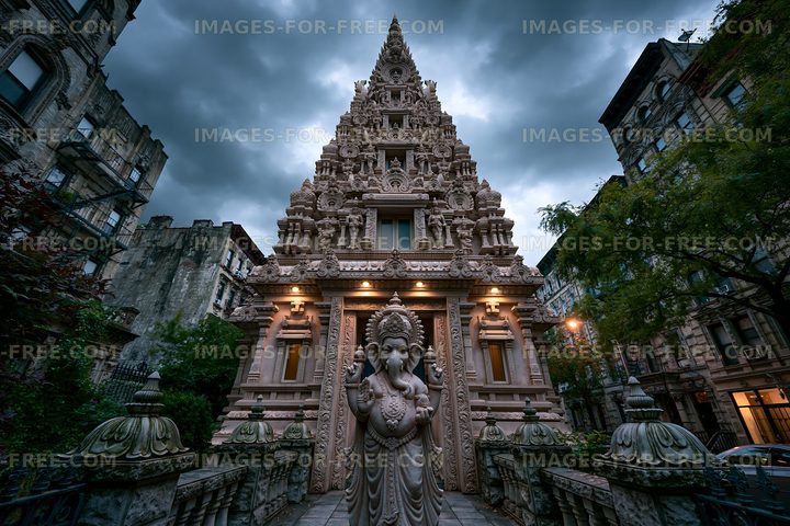 Hindu temple with intricate stone carvings in a city setting